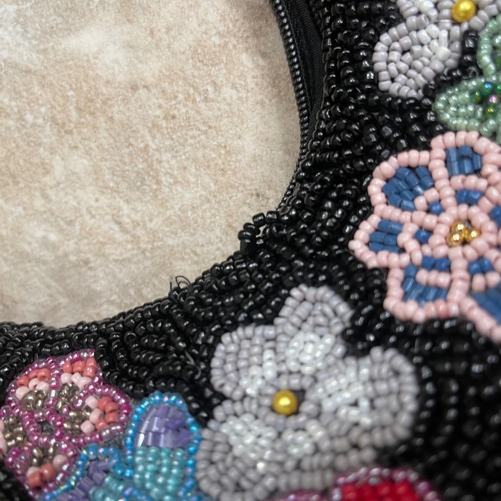 Studio 12 Black Beaded Floral Hobo Shoulder Bag Crescent Y2K Small Purse - Picture 12 of 12